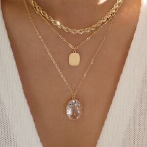 Oval Alloy Layered Rhinestones Necklace Rhinestone Necklace Gold Tiered Pendant